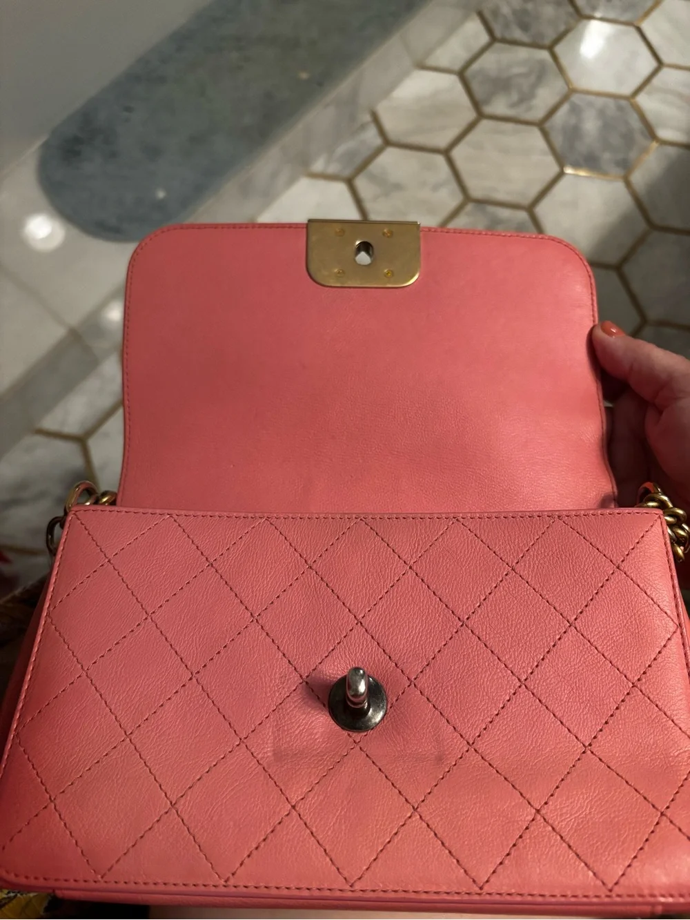 Authentic CHANEL Quilted Leather Clutch in Rose Pink with Gold-Tone CC Lock